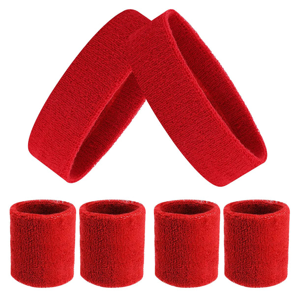 ASTER 6Pieces Red Sweatband Set Sports Headband Wristband Set Including 2Pcs Sports Headband and 4Pcs Sweat Wristband Moisture Wicking Absorbing Red Sweat Band for Men and Women